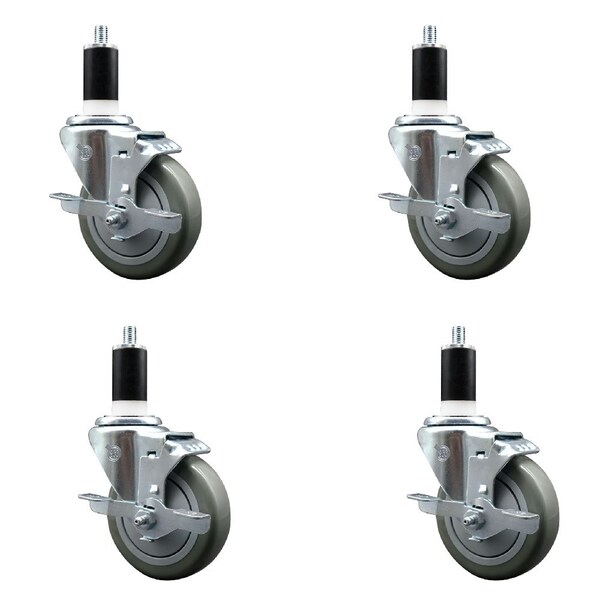 Service Caster 4'' Gray Poly Swivel 1-3/8'' Expanding Stem Caster Set with Brake, 4PK SCC-EX20S414-PPUB-TLB-138-4 - main
